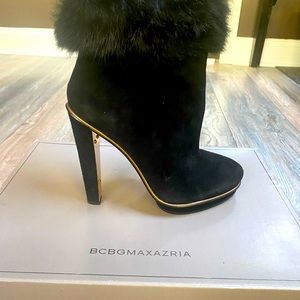 BCBG suede ankle booties with rabbit fur trim.